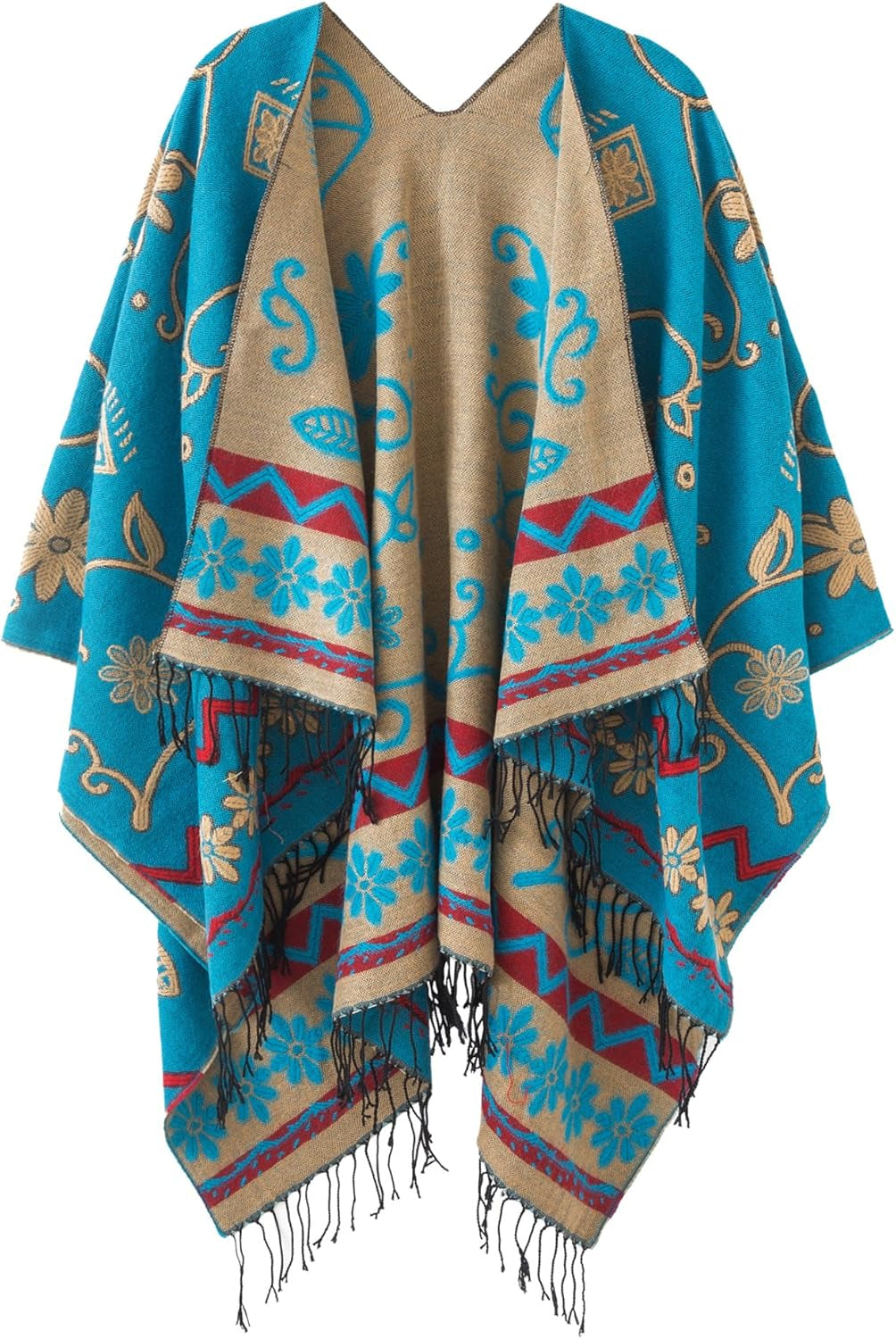 Women'S Retro Style Vintage Pattern Tassel Poncho Shawl Cape Wraps for Women