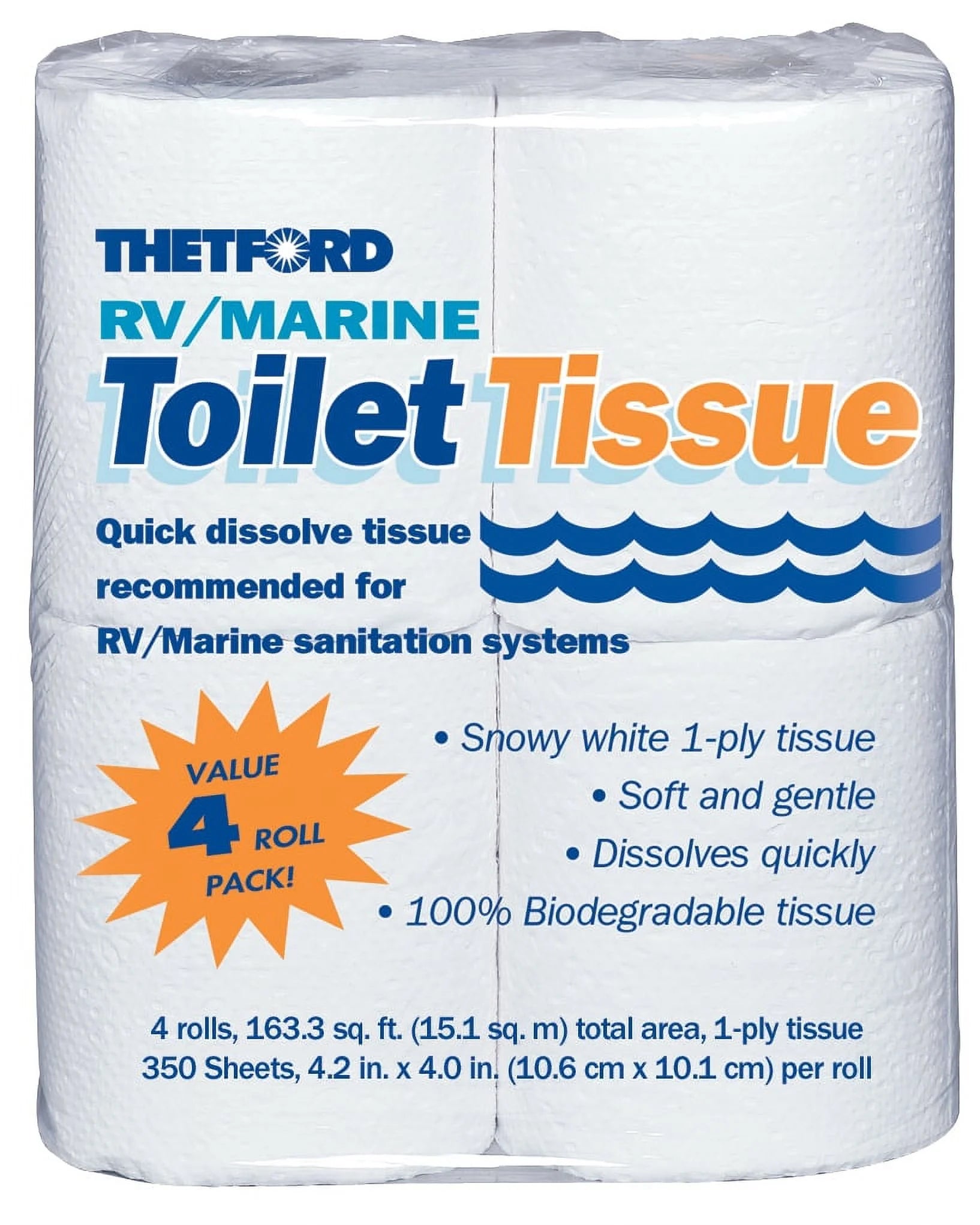 RV and Marine Toilet Tissue - 1-Ply Toilet Paper - 4 Rolls - Model 20804