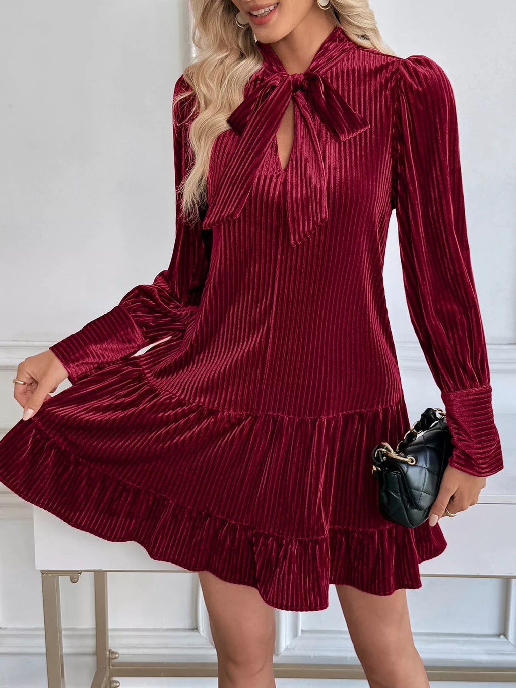 Velvet Tie Front Tiered Mini Dress