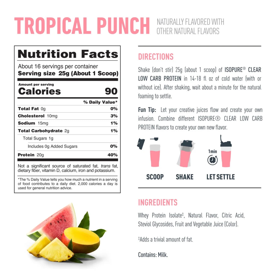 Clear Low Carb 100% Whey Protein Isolate Powder, Tropical Punch, 20G Protein, about 16 Servings