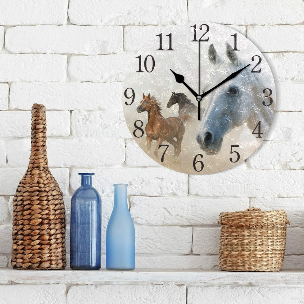 Wall Clock Silent 9.5 Inch Battery Operated Non Ticking round Decorative Acrylic Quiet Clocks for Bedroom Office School Home (2 Horses)…