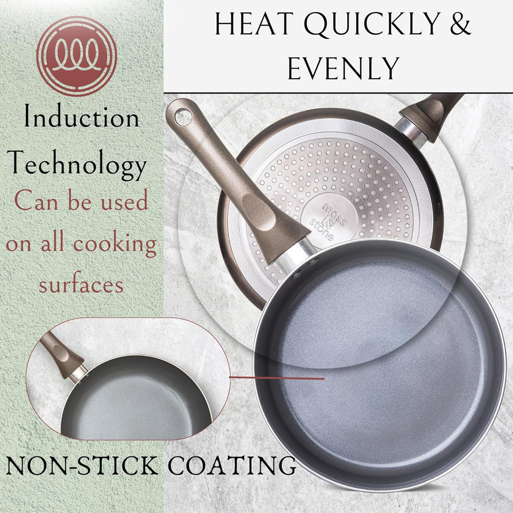 6 Pcs Dark Grey Nonstick Cookware Set, Pots and Pans Set Non Stick with Glass Lid, Induction Cookware, Stay-Cool Handle PTFE/PFOA Kitchen Pots 6-Piece with Frying Pans & Saucepan