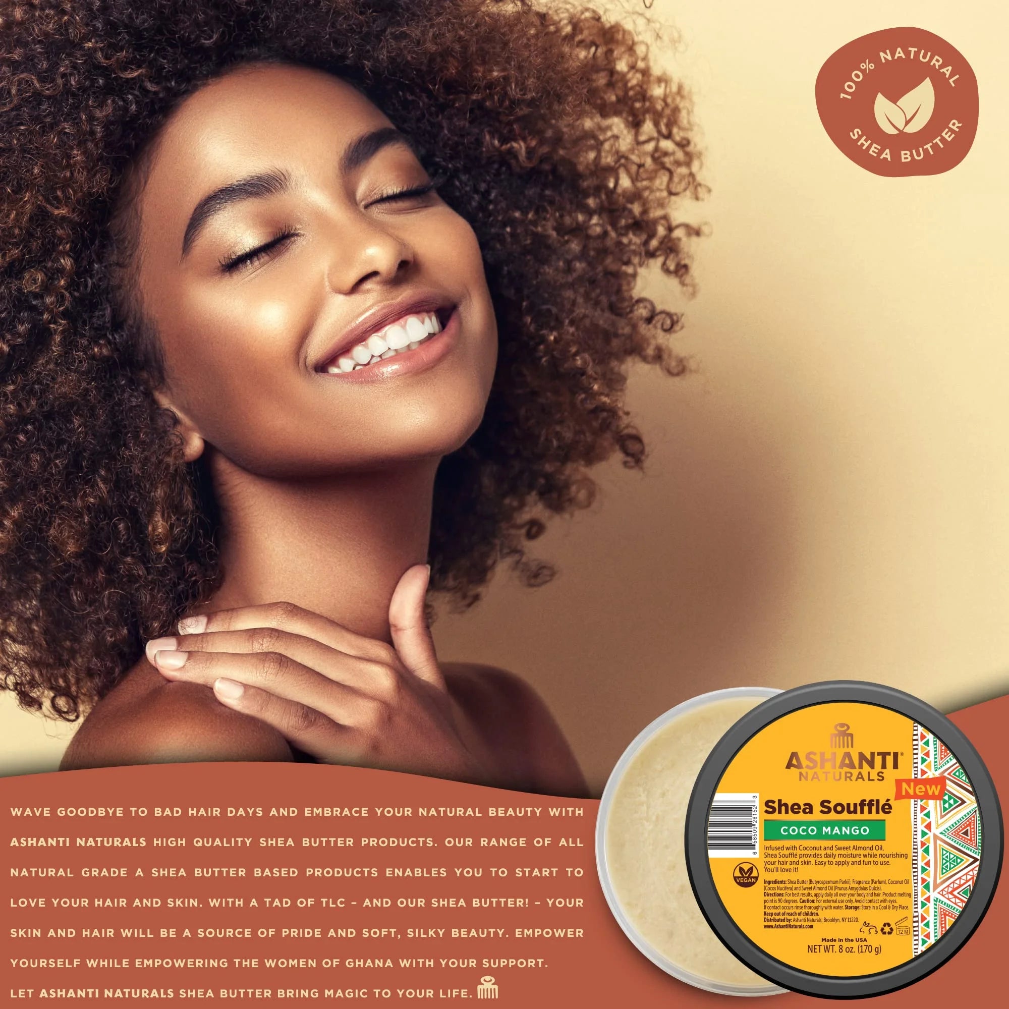 Shea Soufflé: Whipped Shea Butter Cream Infused with Coconut and Almond Oil for Hair Moisturization (8 Oz) - Coco Mango Scent