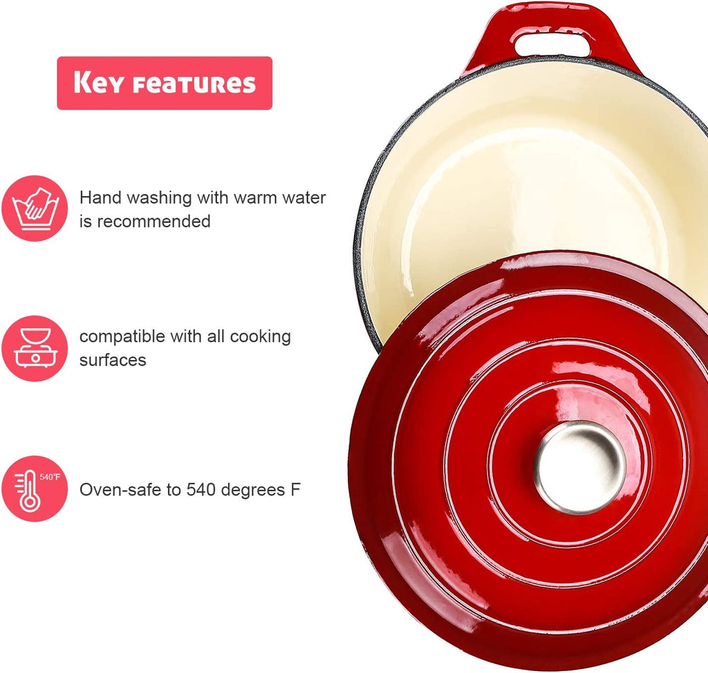 5.5 Quart Enameled Cast Iron Dutch Oven with Lid, 5.5 QT Deep round Dutch Oven Pot with Dual Handles -Red