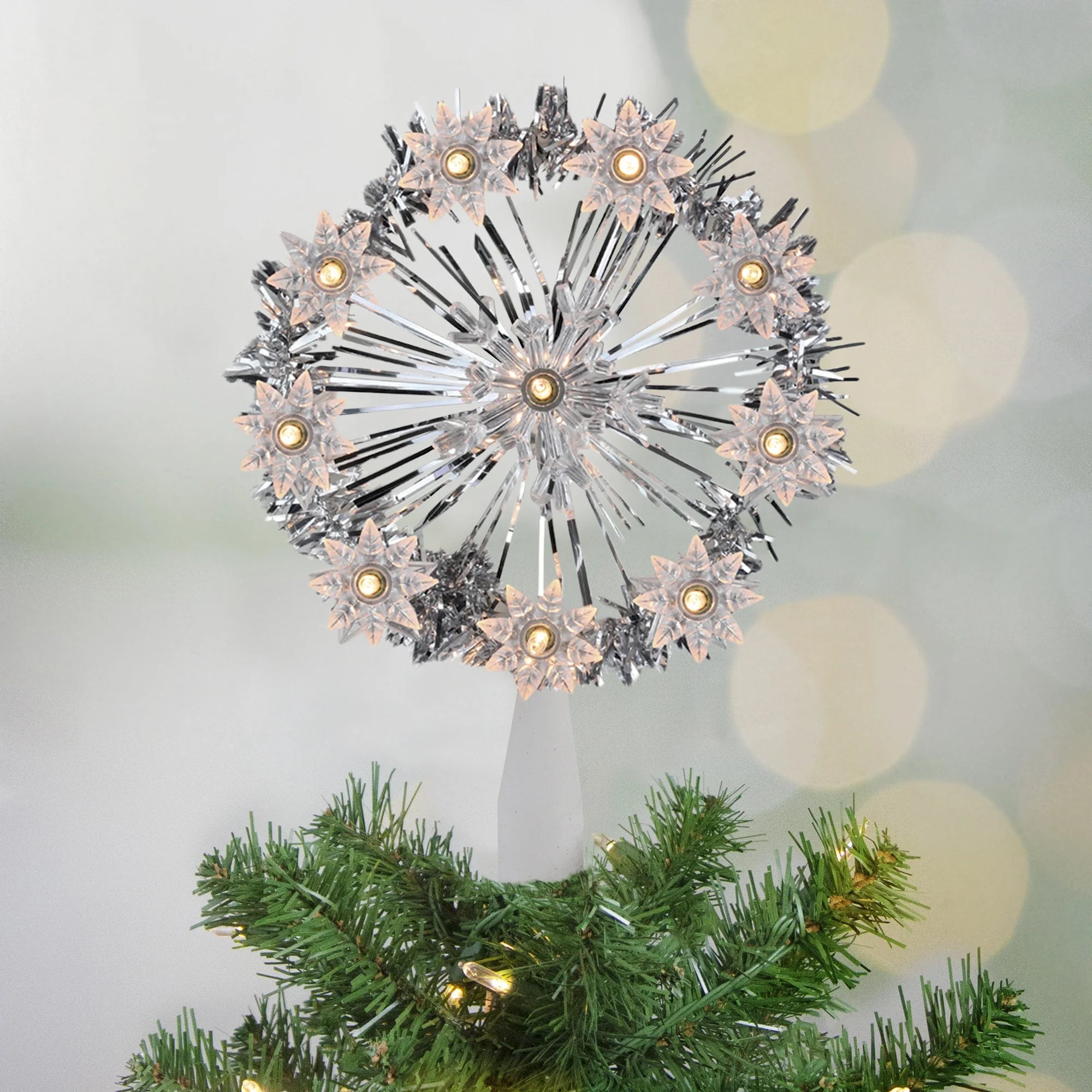 7" Silver Pre-Lit Snowflake Starburst Christmas Tree Topper - Clear Lights