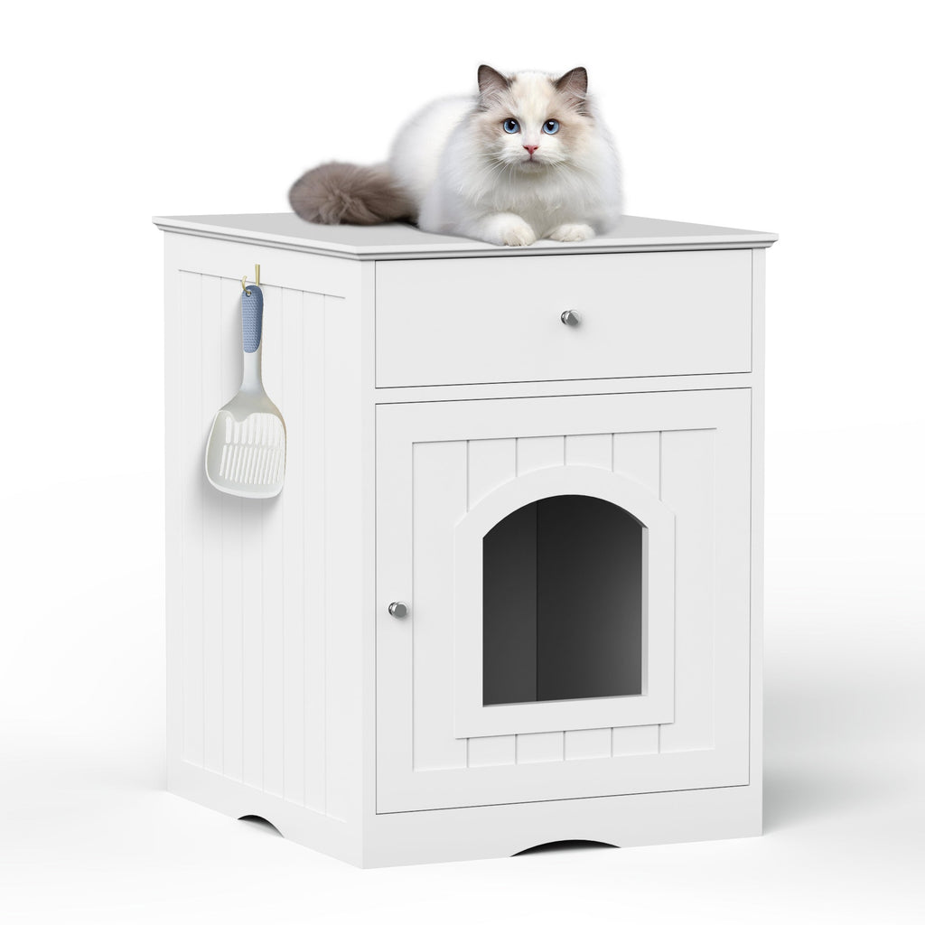 Wooden Pet House Cat Litter Box Enclosure with Drawer, Side Table,