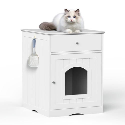 Wooden Pet House Cat Litter Box Enclosure with Drawer, Side Table,