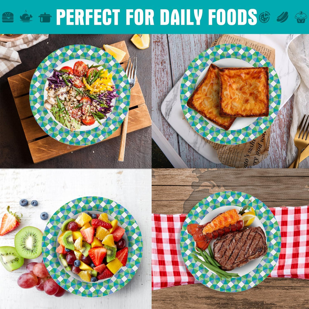 Paper Plates Bulk, 10 Inch Large Paper Plates, 100Pcs Disposable Paper Plates, Blue Paper Plates for Parties and Daily Use, Soak Proof, Cut Proof, Green Printed