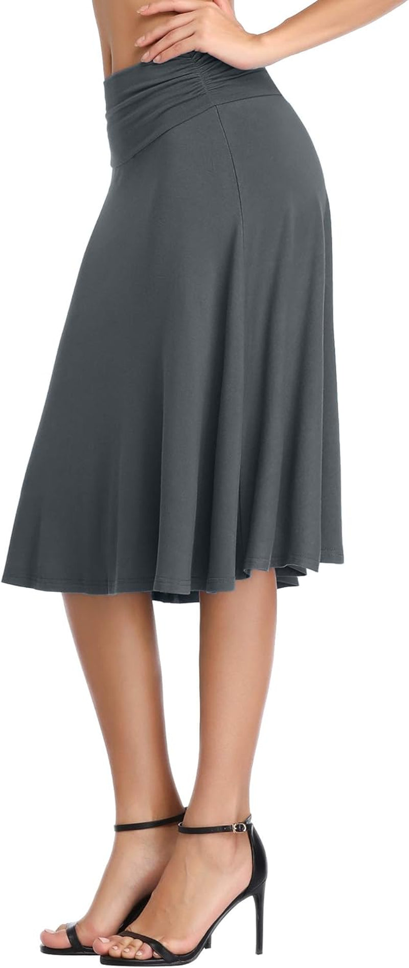 Women'S Ruched High Waist Knee Length Jersey A-Line Stretchy Flared Casual Skirt