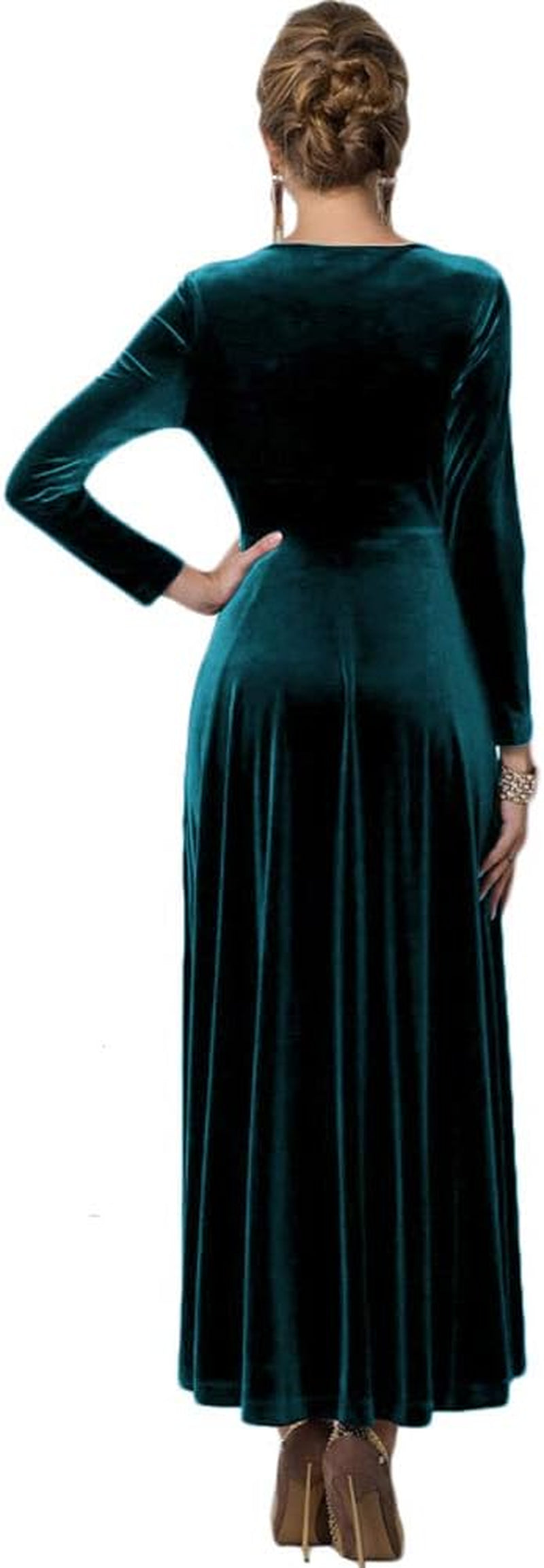 Women Long Sleeve V-Neck Velvet Stretchy Long Dress
