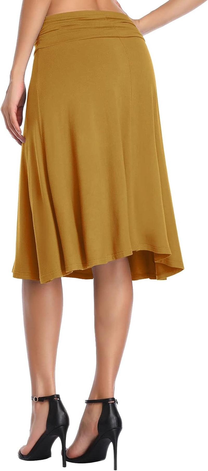 Women'S Ruched High Waist Knee Length Jersey A-Line Stretchy Flared Casual Skirt