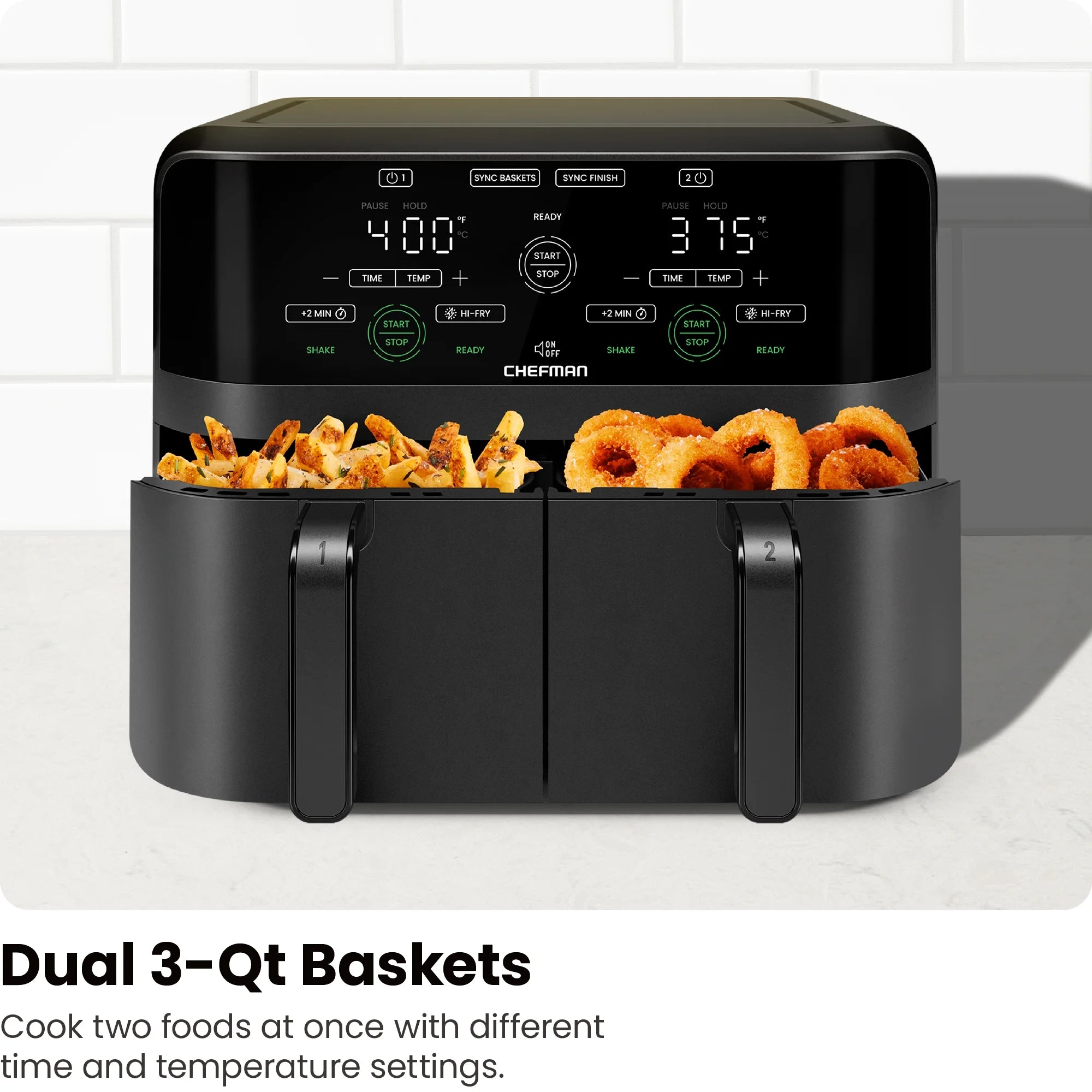Dual Basket Air Fryer W/ Digital Touchscreen, 2 Independent 3 Qt Baskets, Sync Finish - Black