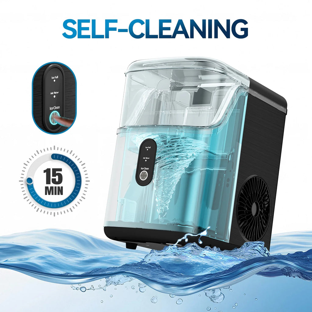 Nugget Ice Maker Countertops, 33Lbs per Day Portable Pebble Ice Machine, Crushed Ice Maker with Soft Chewable Ice for Home, Party, RV, Camping, Stainless Steel Black