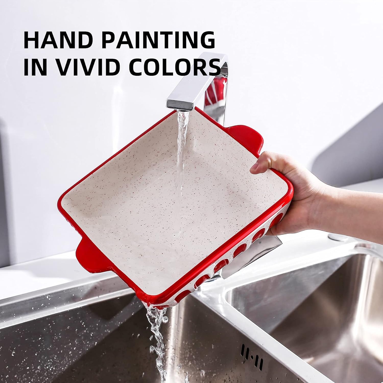 Square Baking Dish 8.7 Inch Ceramic Brownie Baking Pan Cake Pan Baker with Double Handle, Red