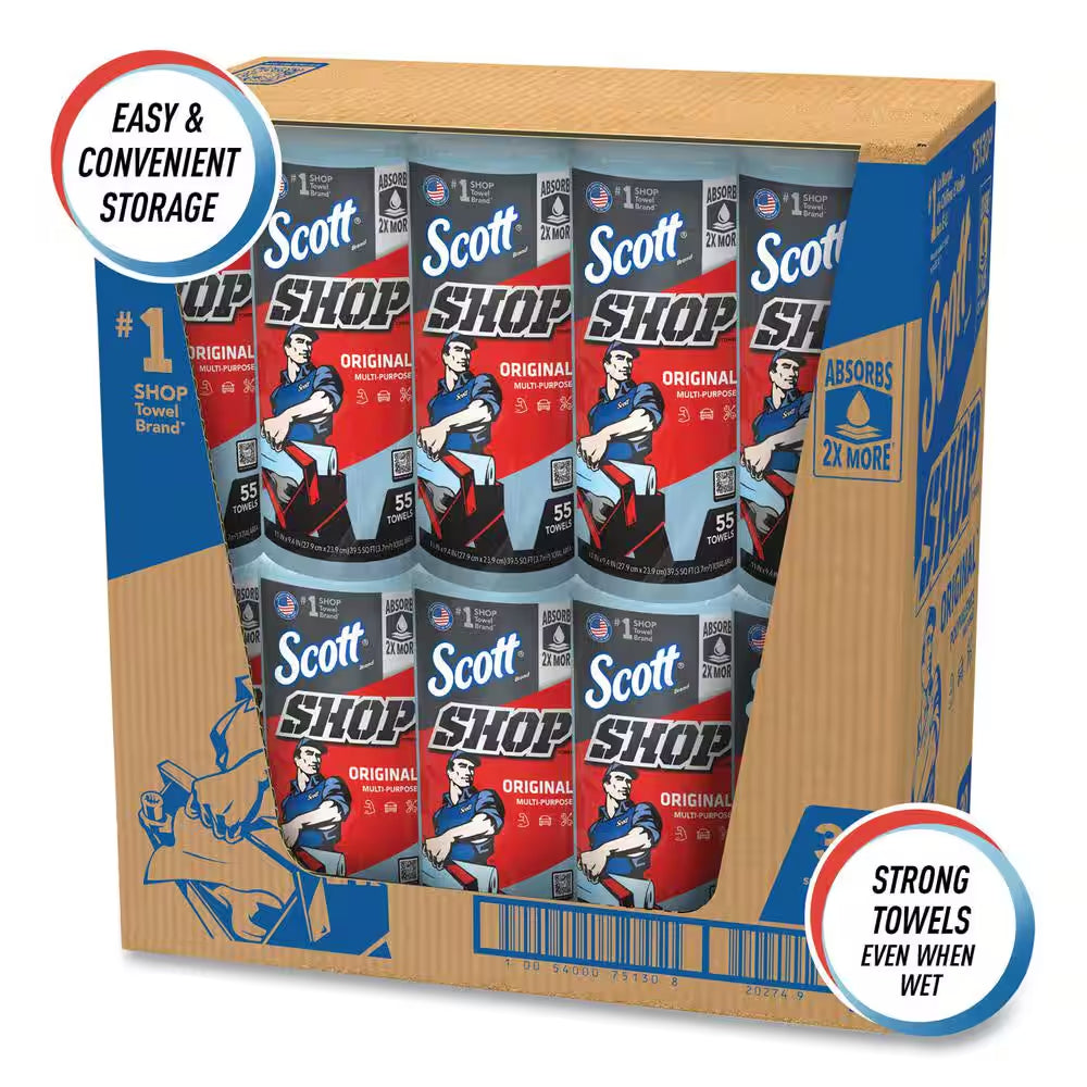 Shop Towels Standard Roll 9.4 X 11 Blue (55 Sheets per Roll, 30 Rolls per Carton)