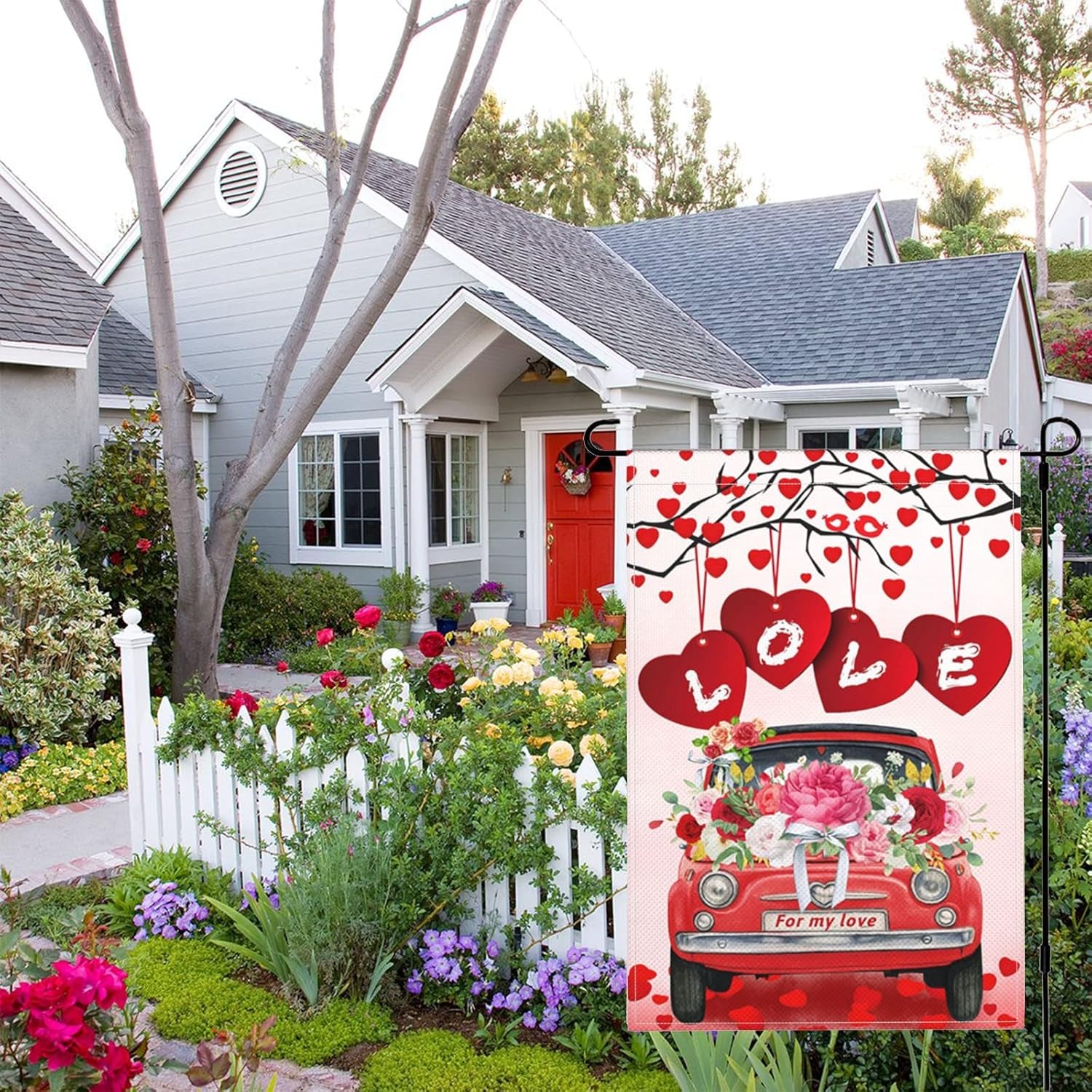Valentines Day Garden Flag 12 X 18 Inch Double Sided Valentine Burlap Yard Flags Red Truck with Flower Love Heart Tree Small House Flags Spring Outdoor Valentine'S Day Decorations