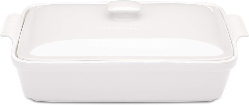 Stoneware Casserole Dish Bakeware Set with Lid, Covered Rectangular Dinnerware, Large 3.2 Quart, 11 by 9 Inch, Bianco [White]
