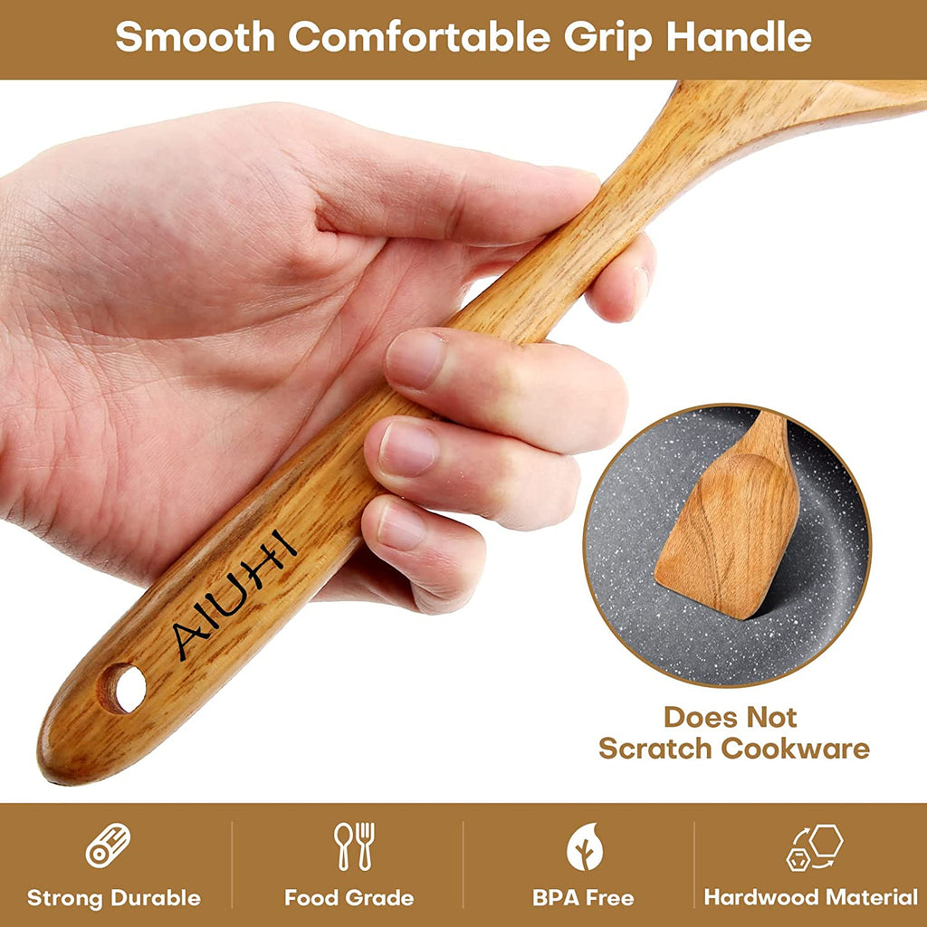 Wood Spoons for Cooking, Nonstick Kitchen Utensil Set, Wooden Spoons Cooking Utensil Set Non Scratch Natural Teak Wooden Utensils for Cooking (Teak 8 Pack)