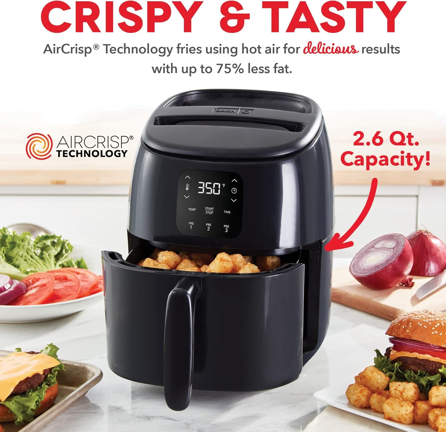 Tasti-Crisptm Digital Air Fryer with Aircrisp Technology + 6Pc Accessory Kit - Healthier Fried Food with Custom Presets
