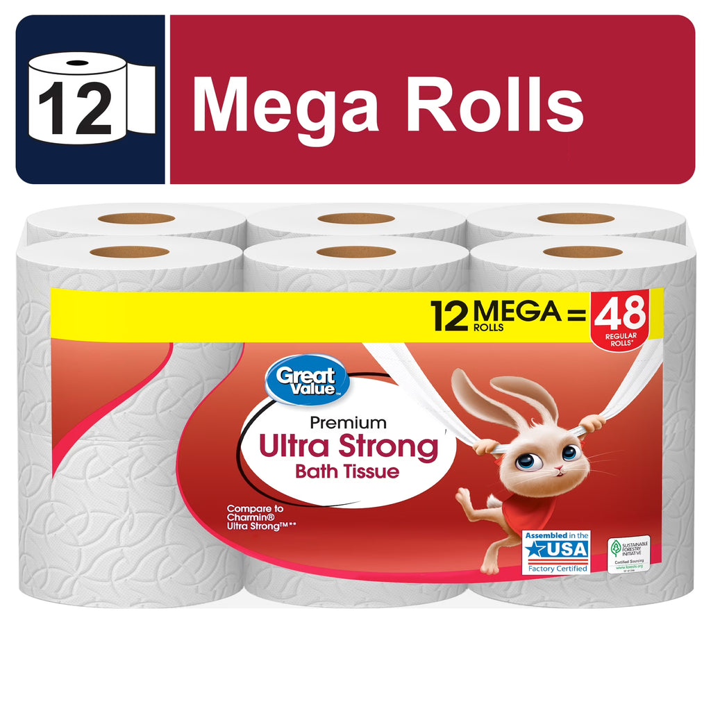 Ultra Strong 2-Ply Toilet Paper, 12 Mega Rolls, Compare to Charmin® Ultra Strong™