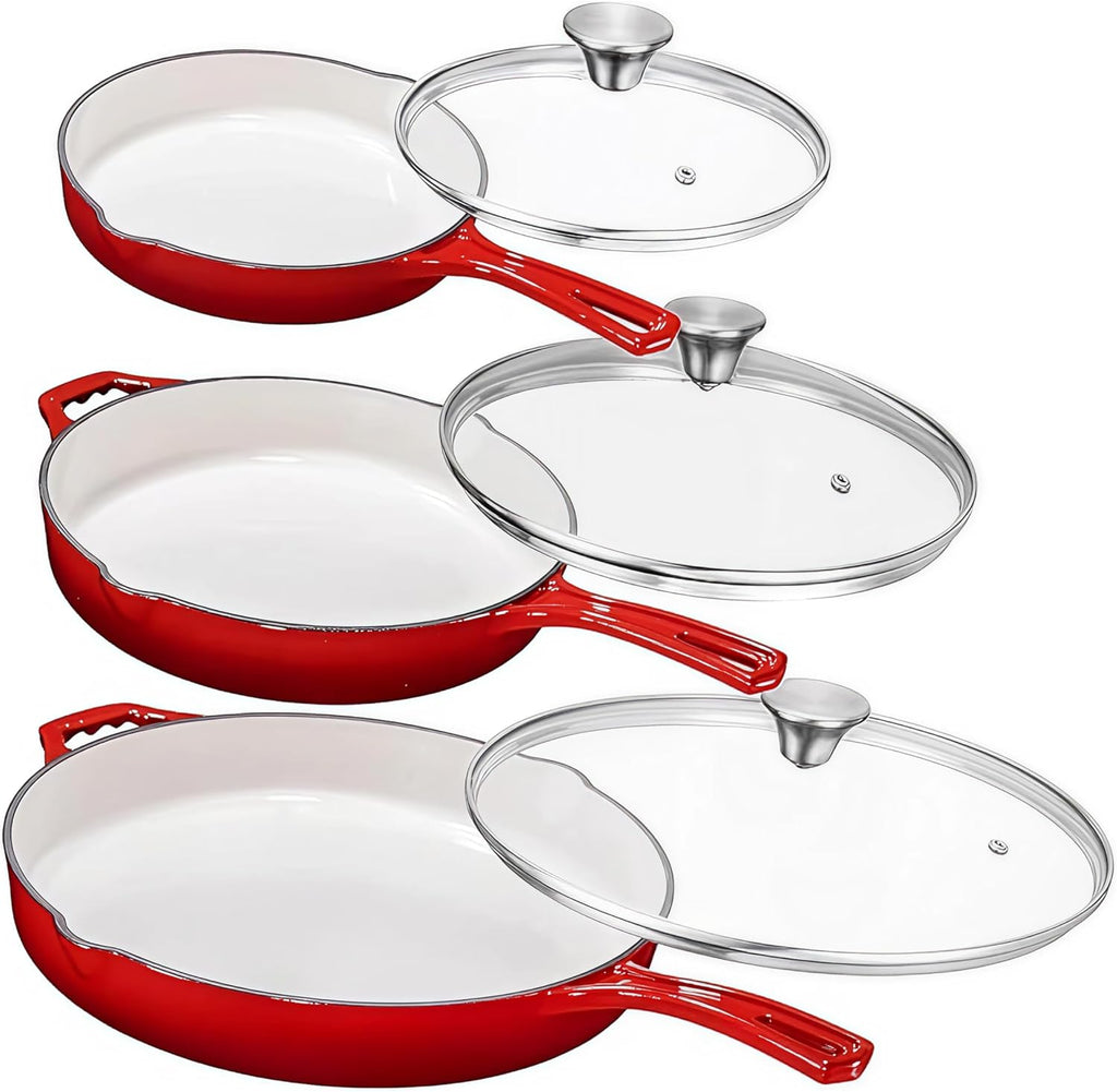 Enameled Cast Iron Skillet Set of 3-8, 10, and 12-Inch Non Stick Frying Pans with Tempered Glass Lids - Versatile Cast Iron Cookware Set for Casserole - Grill Pan for All Stovetops - Red