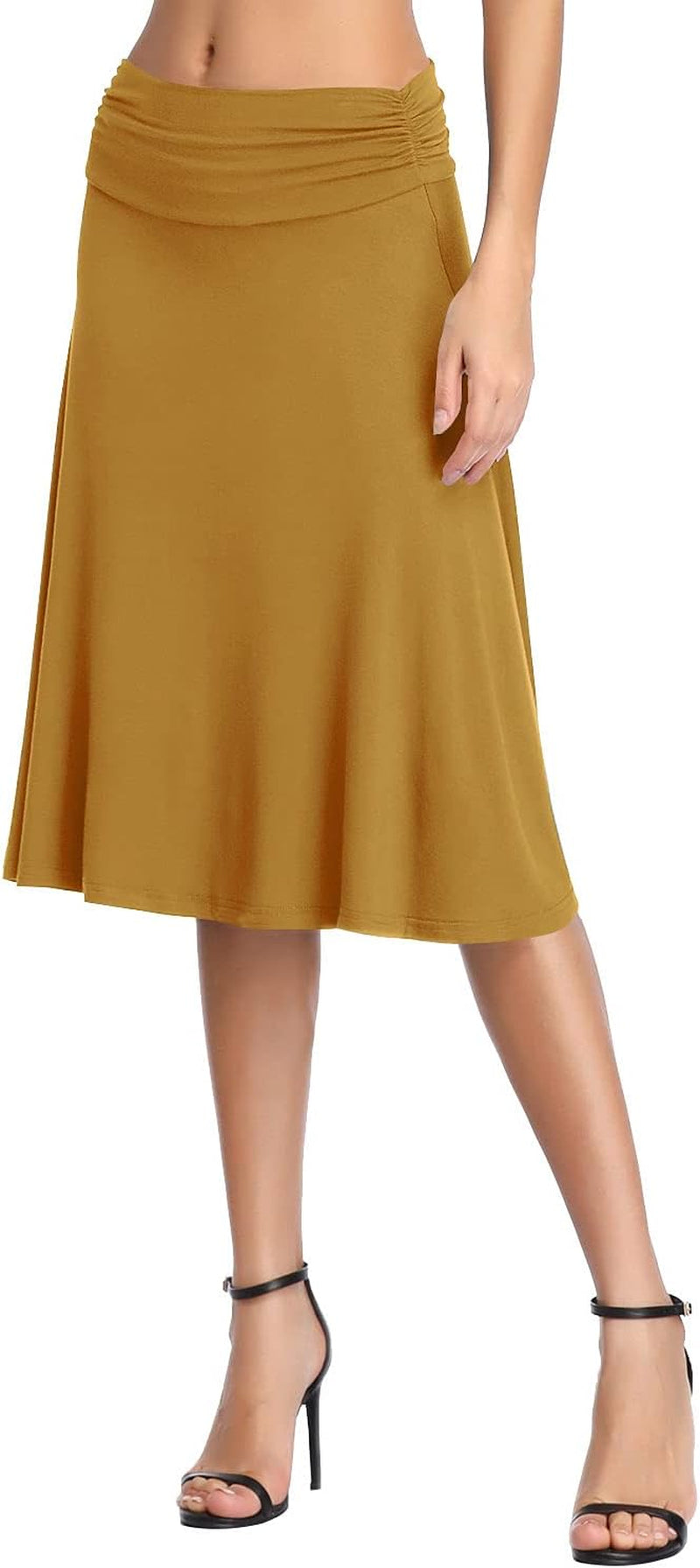 Women'S Ruched High Waist Knee Length Jersey A-Line Stretchy Flared Casual Skirt