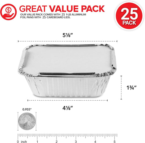 1 Lb Aluminum Disposable Cookware with Lids (25 Pack) - Foil Pans Cardboard Lids - Disposable & Recyclable Takeout Trays with Lids - Food Containers for Restaurants, Catering, Delis