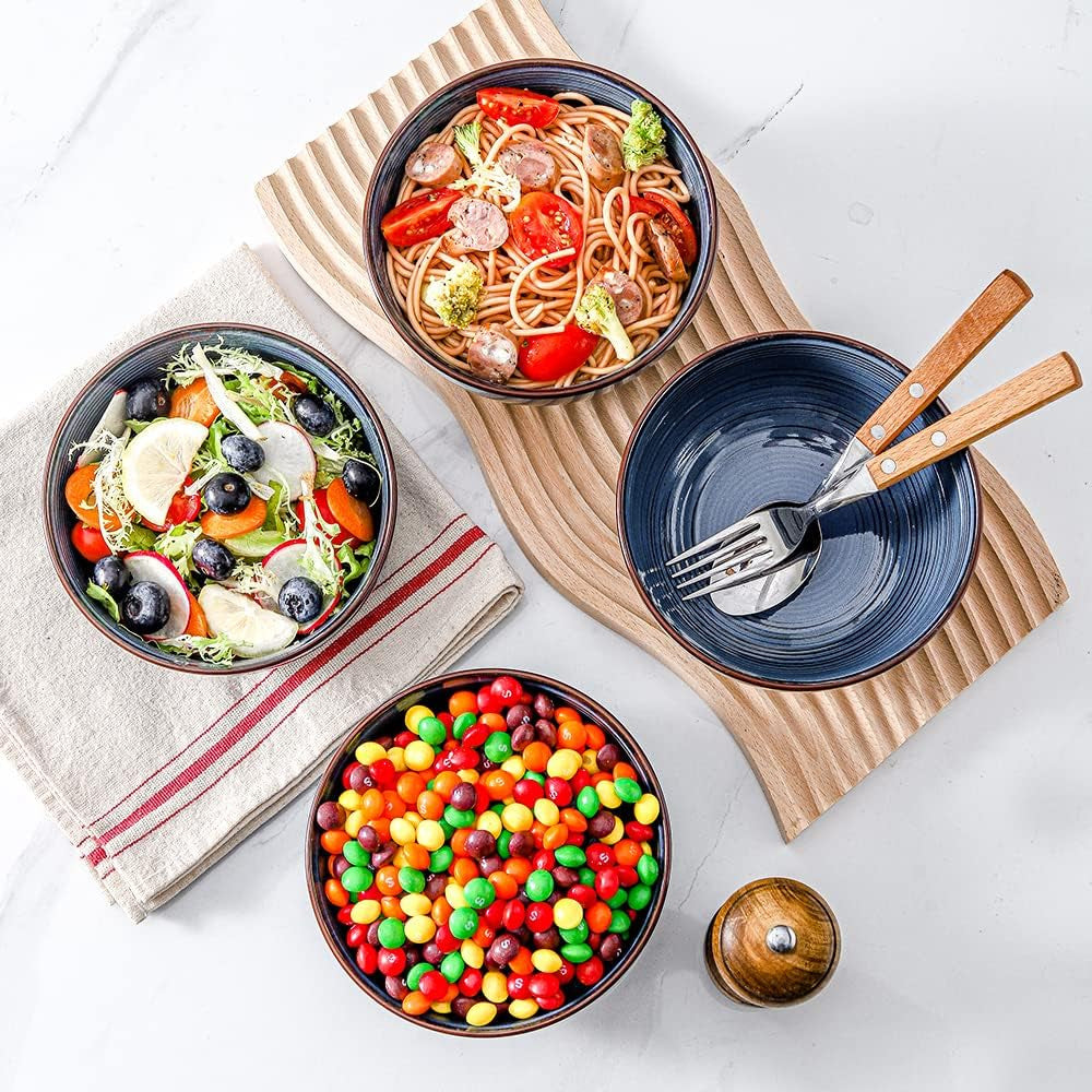 Ceramic Cereal Bowls Set of 4, Soup Bowls Microwave Safe, 24 Oz Ceramic Bowls for Kitchen, Salad, Oatmeal, Soup, Noodle, Farmhouse Style (Blue)