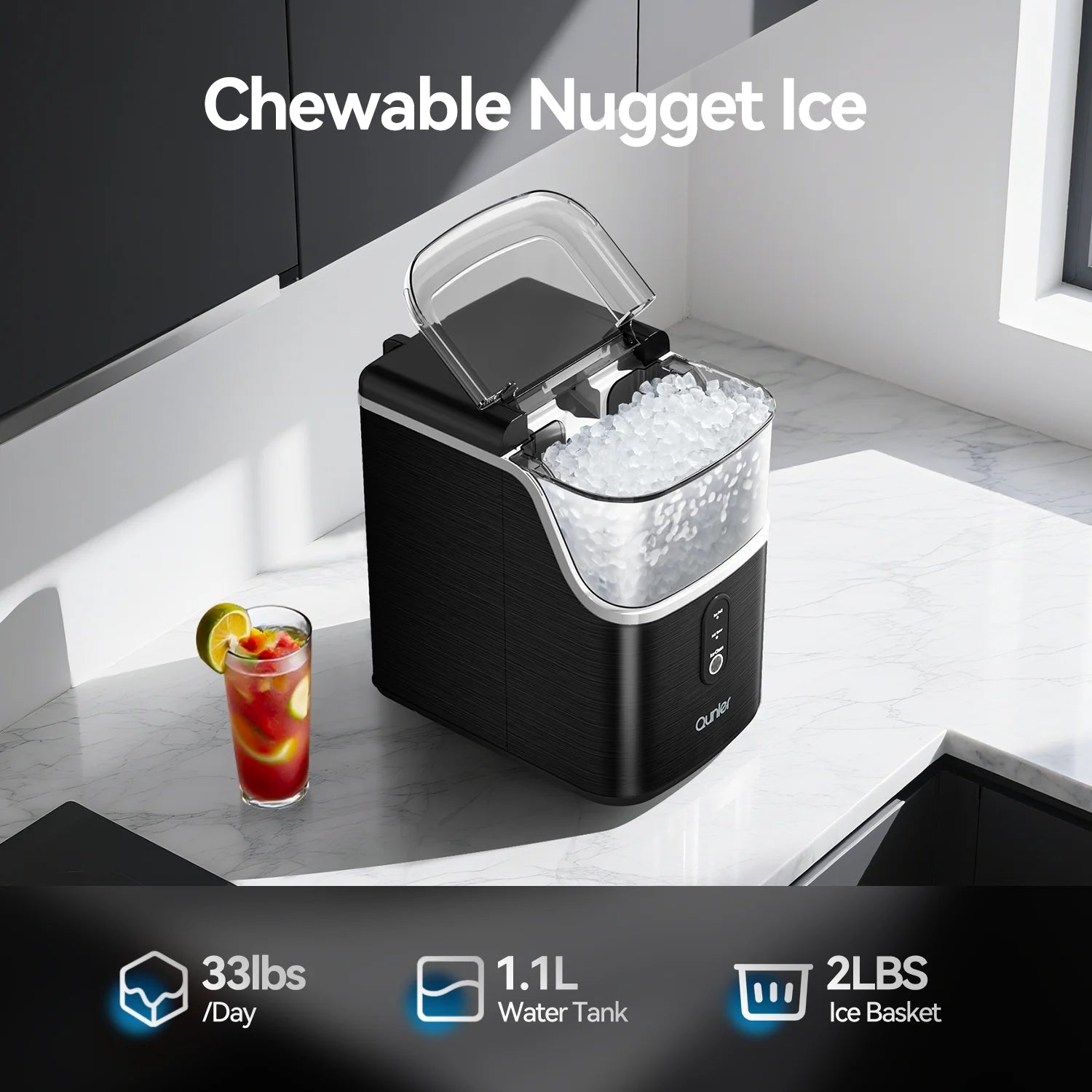 Nugget Ice Maker Countertops, 33Lbs per Day Portable Pebble Ice Machine, Crushed Ice Maker with Soft Chewable Ice for Home, Party, RV, Camping, Stainless Steel Black