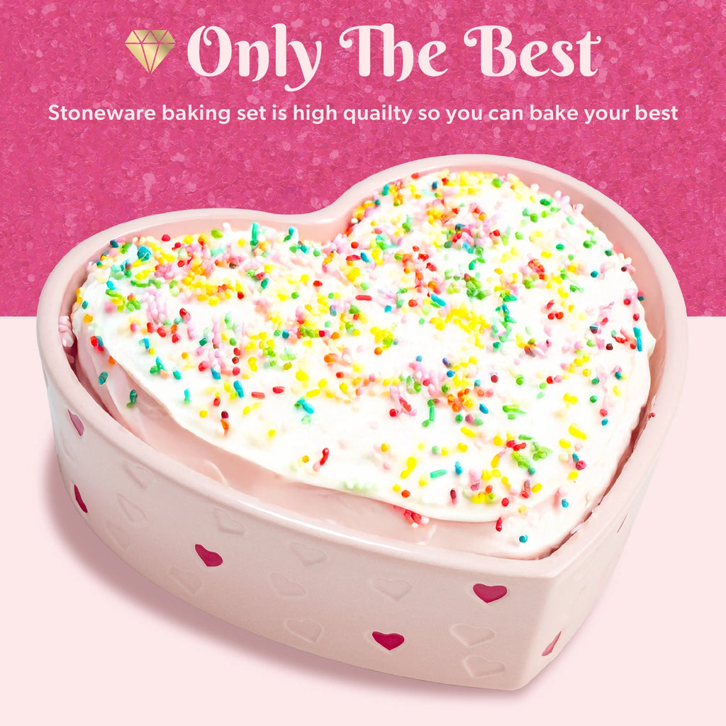 2 Piece Ceramic Baker Set, Square and Heart-Shaped, Stoneware Baking Set, Pink