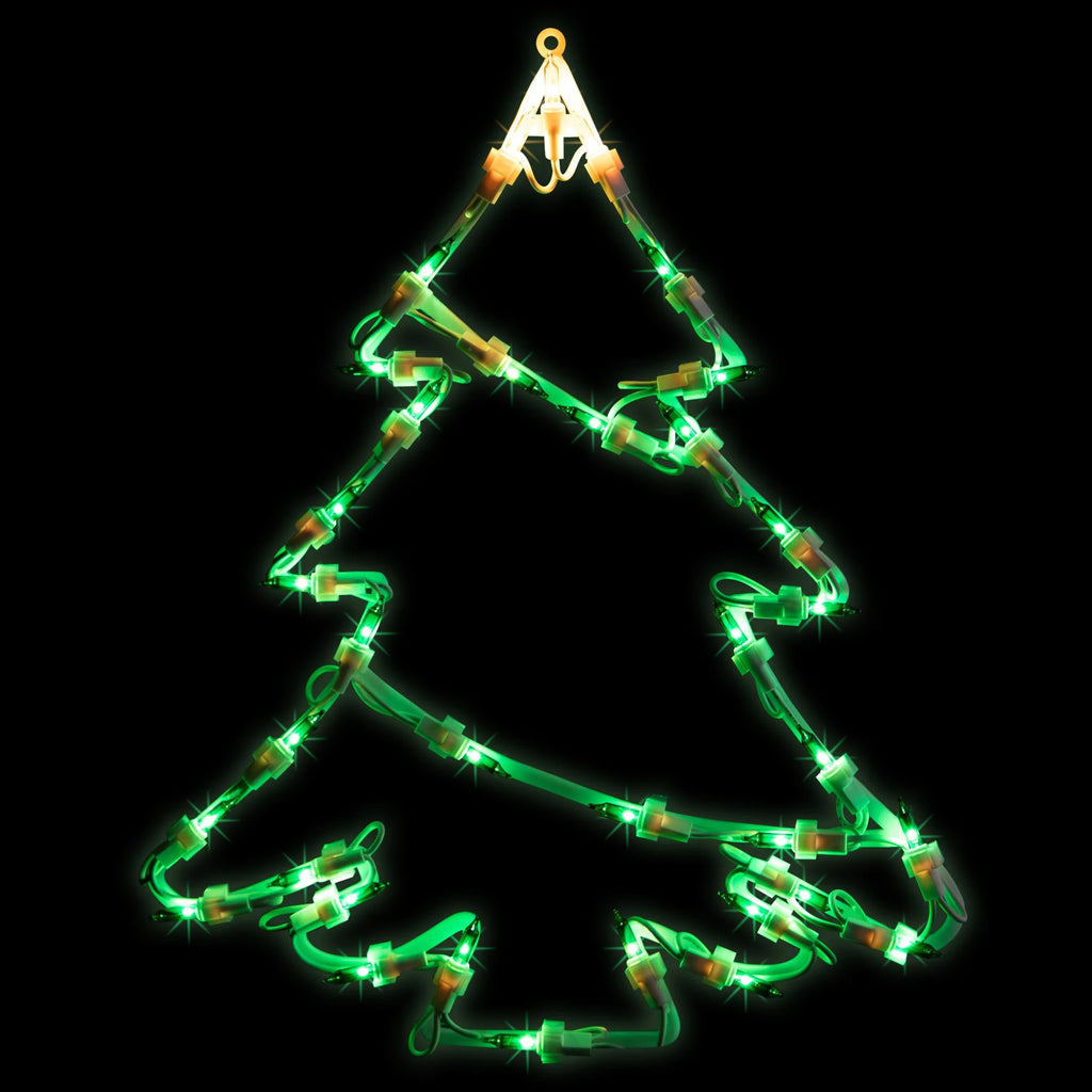 Lighted Christmas Tree Window Silhouette Decoration - 15" - Green and Yellow Lights