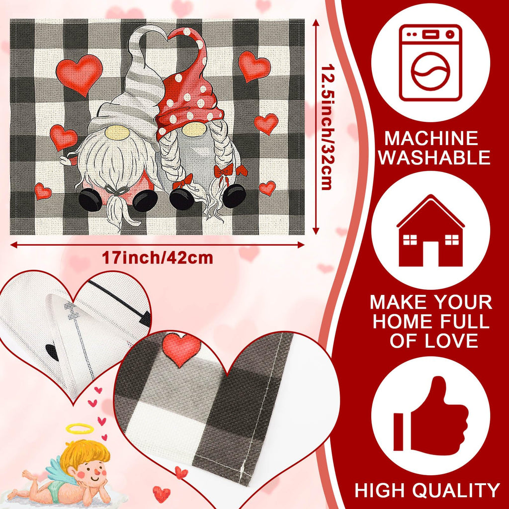 Valentines Day Placemats Set of 4, 17X12.5 Inches with Gnomes and Hearts Pattern for Holiday Parties and Family Gatherings,Amazon Is Banned