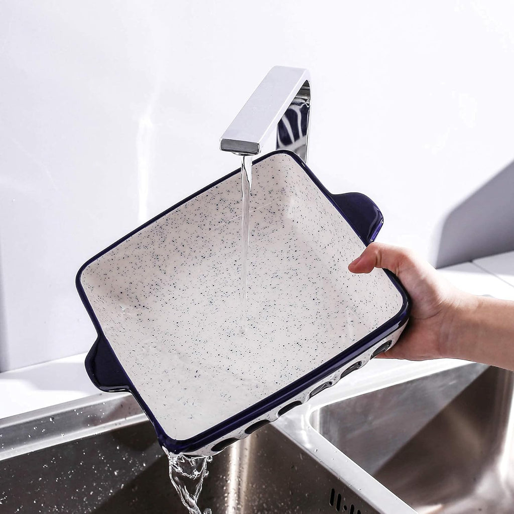 Porcelain Baking Dish 8.7 Inch Square Baking Pan Cake Pan Bakeware with Double Handle for Kitchen Cooking, Dark Blue