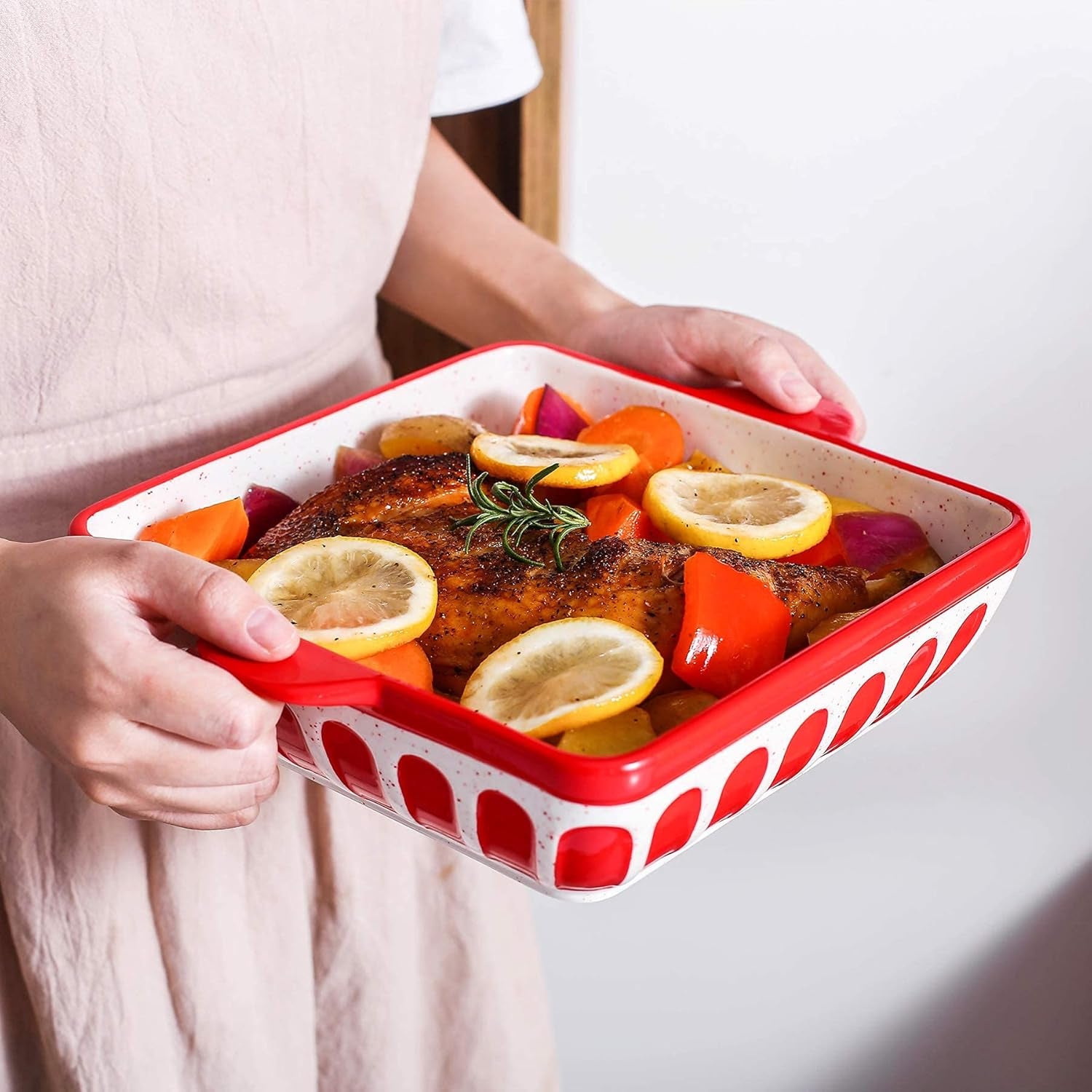 Square Baking Dish 8.7 Inch Ceramic Brownie Baking Pan Cake Pan Baker with Double Handle, Red