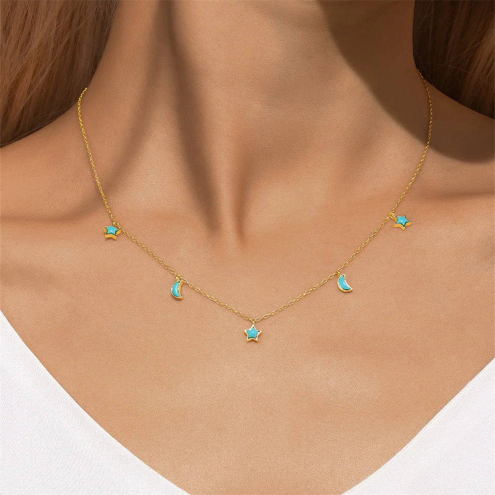 Retro 925 Sterling Silver 18K Gold Plated Necklace for Women Blue Turquoise Geometric Moon Star Pendant Clavicle Chain Jewe