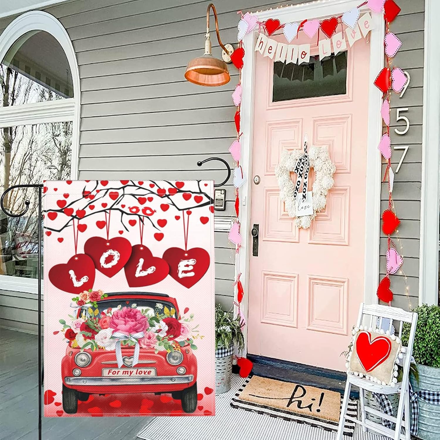 Valentines Day Garden Flag 12 X 18 Inch Double Sided Valentine Burlap Yard Flags Red Truck with Flower Love Heart Tree Small House Flags Spring Outdoor Valentine'S Day Decorations