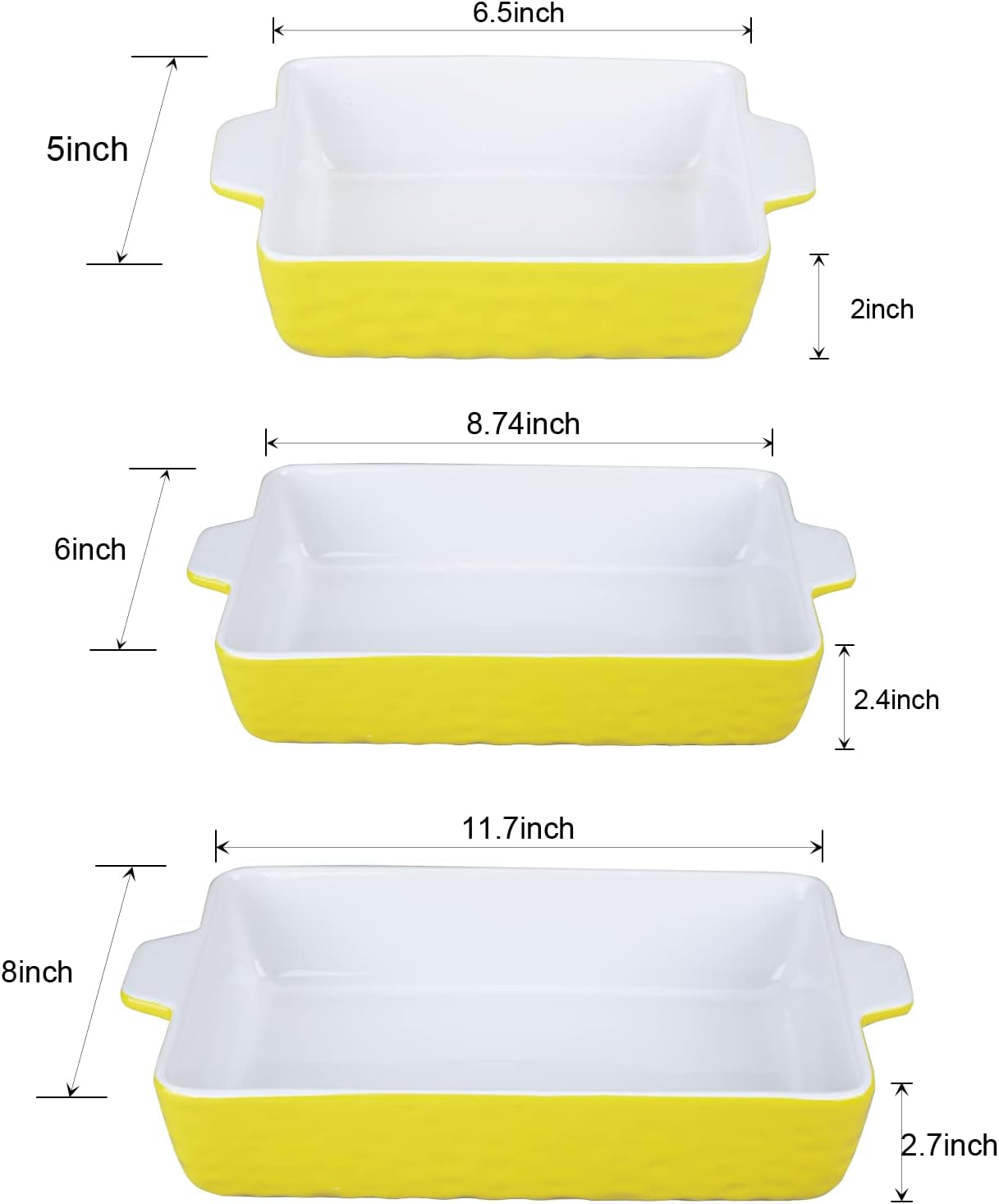 Ceramic Bakeware Set of 3 Piece, Rectangular Baking Pan Set, Porcelain Baking Pans Rectangular Casserole Pan for Cake, Lasagna, 11.7 X 8 X 2.7 Inches, Yellow