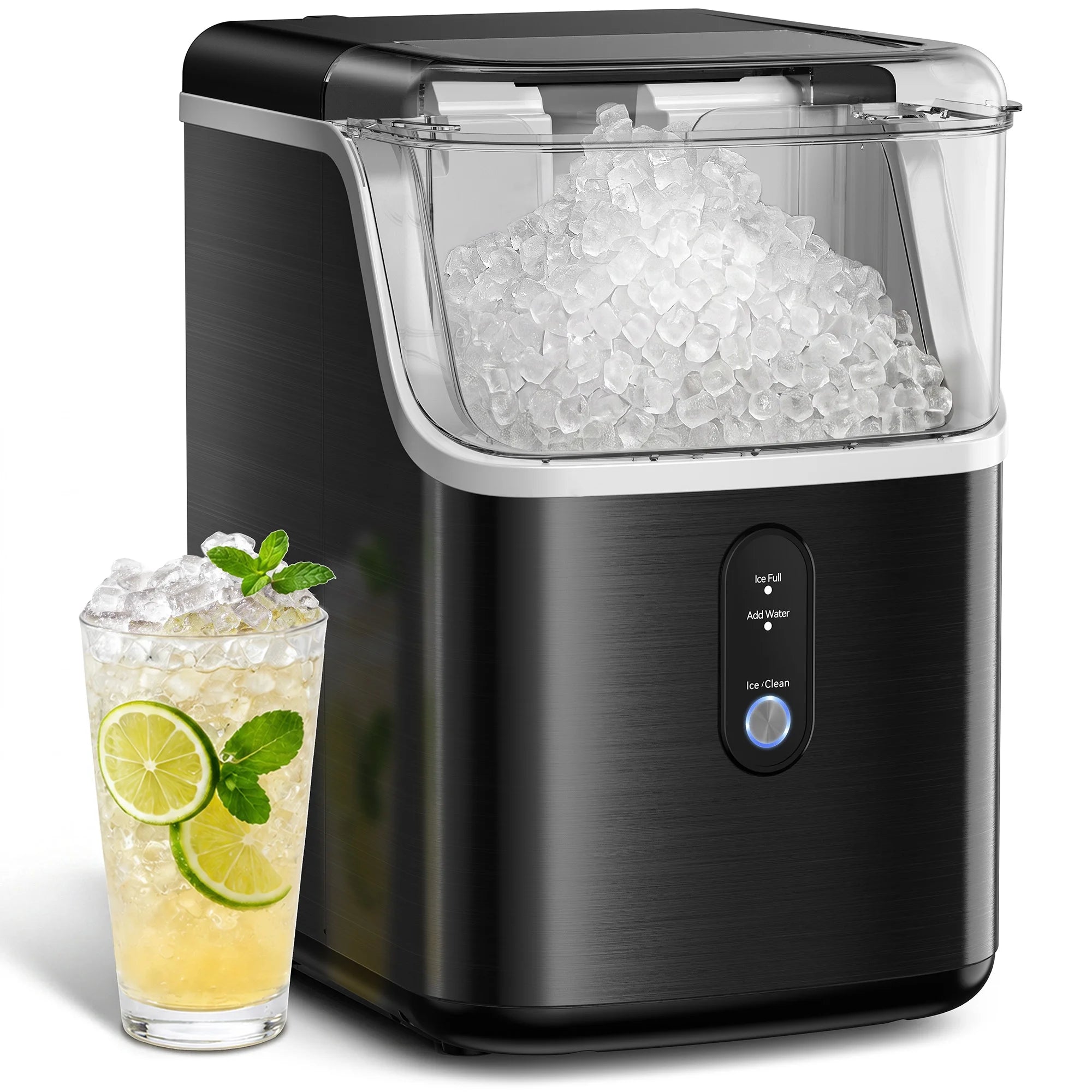 Nugget Ice Maker Countertops, 33Lbs per Day Portable Pebble Ice Machine, Crushed Ice Maker with Soft Chewable Ice for Home, Party, RV, Camping, Stainless Steel Black
