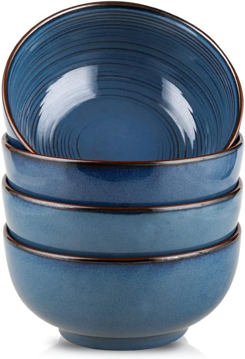 Ceramic Cereal Bowls Set of 4, Soup Bowls Microwave Safe, 24 Oz Ceramic Bowls for Kitchen, Salad, Oatmeal, Soup, Noodle, Farmhouse Style (Blue)