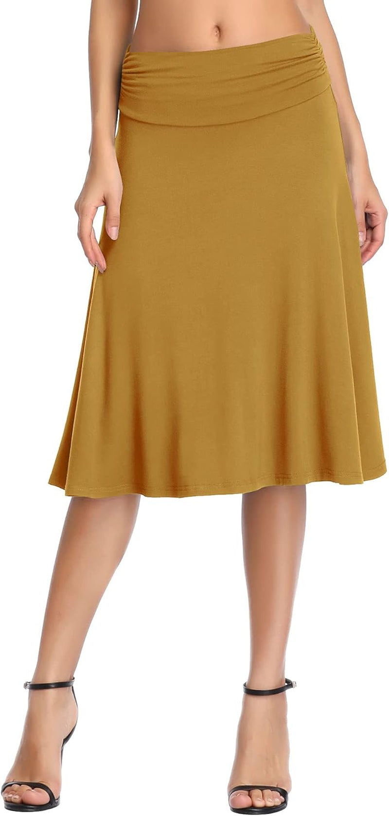 Women'S Ruched High Waist Knee Length Jersey A-Line Stretchy Flared Casual Skirt